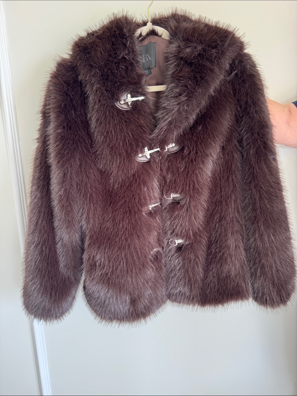 Zara Dark Brown Faux Fur Teddy Jacket with Toggle Closures